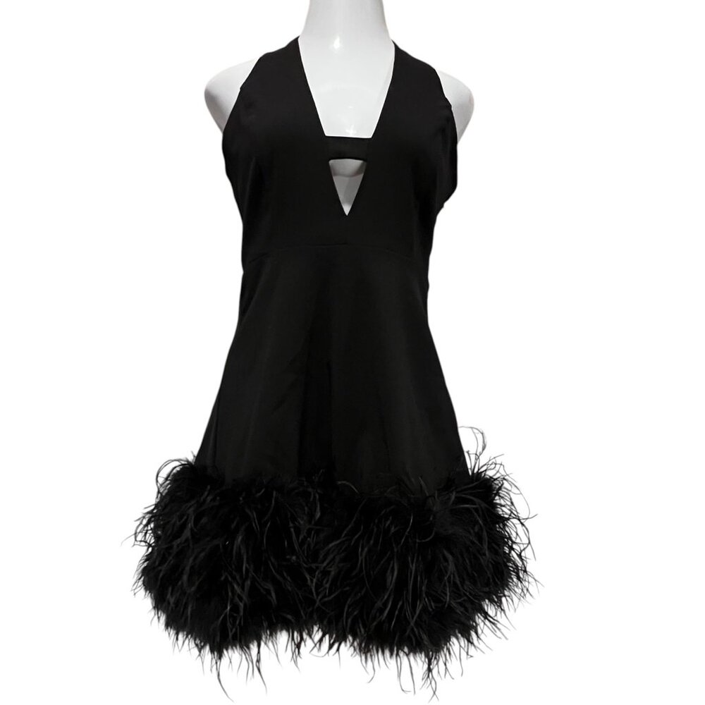 Akira Noel Halter Deep V Feather Trim Mini Dress, Black, XL